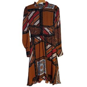 VTG Patchwork Print Dress Long Sleeve High Neck Retro Fall midi dress SZ 1 Small